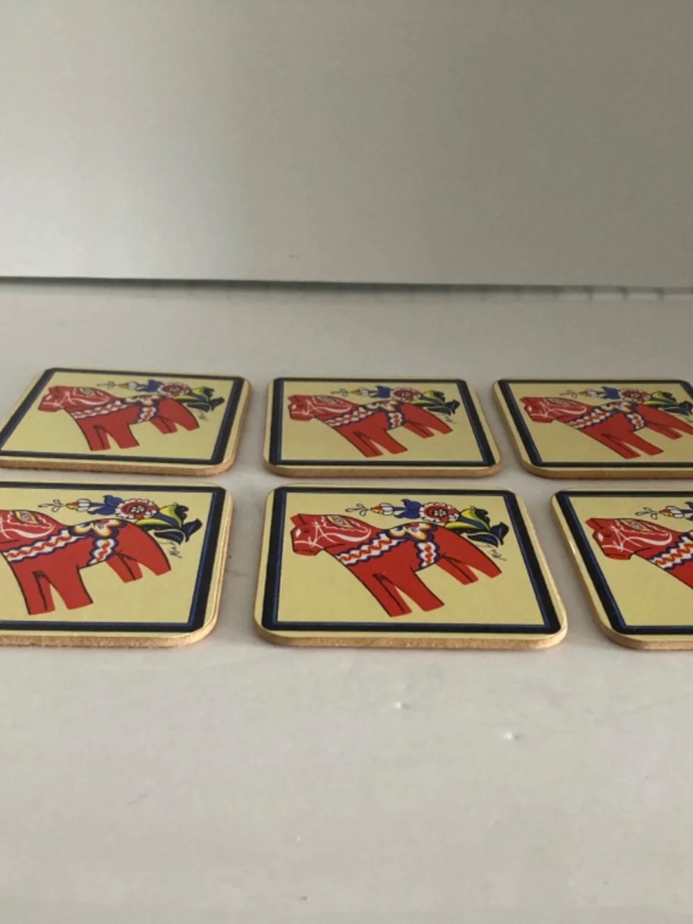 Scandinavian Dala Horse Coasters Set of 6 Cork Back Signed Mia L Swedish EUC
